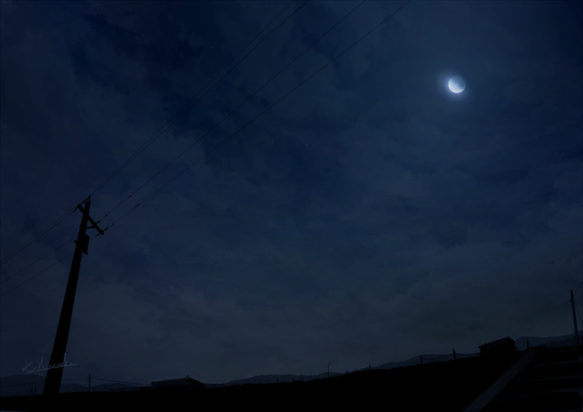 alu.m_(alpcmas) cloud cloudy_sky dark from_below hill house moon moonlight night night_sky no_humans original outdoors power_lines rural scenery signature sky stairs star_(sky) starry_sky utility_pole