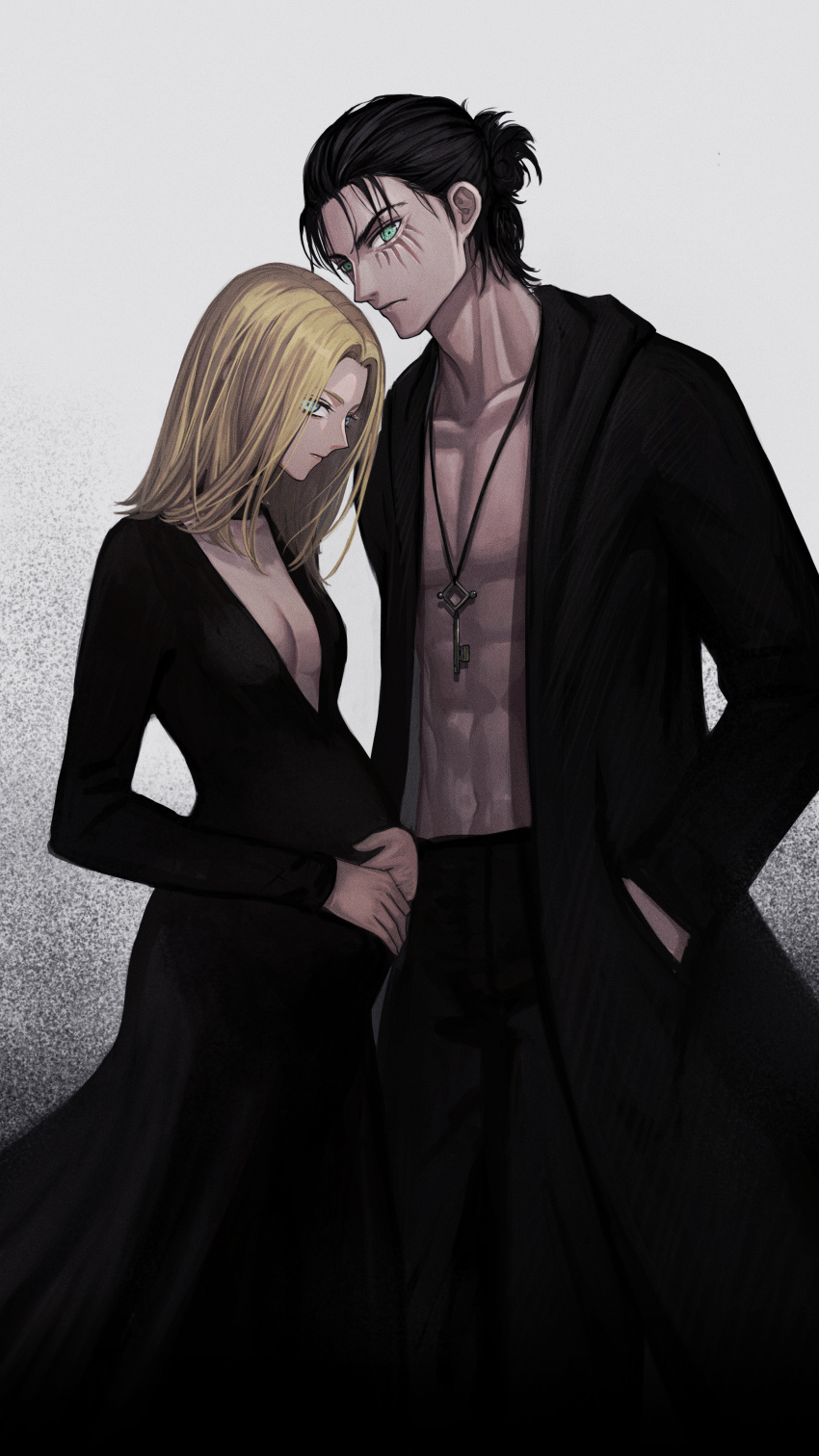 1boy 1girl abs absurdres black_dress blonde_hair blue_eyes breasts christa_renz cleavage dress eren_yeager eyoling hair_down highres huge_filesize jewelry long_hair necklace pregnant shingeki_no_kyojin simple_background