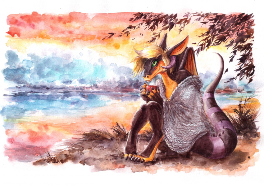 anthro beverage cosiness dragon elkir evening fall_(disambiguation) female painting_(artwork) reptile romanticism scalie solo tea traditional_media_(artwork) water watercolor_(artwork) zazush_(zazush-una)