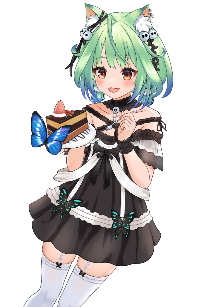 1girl :3 :d absurdres ahoge animal_ear_fluff animal_ears bangs black_choker black_dress blue_hair blush bug butterfly cake cake_slice cat_ears cat_girl choker cowboy_shot dress dress_bow ear_piercing flat_chest food frilled_dress frilled_legwear frilled_straps frills garter_straps gothic_lolita gradient_hair green_hair hair_ornament highres hololive insect jiu_fanglianhua lace lace_choker lolita_fashion looking_at_food low_twintails multicolored_hair off-shoulder_dress off_shoulder open_mouth piercing pom_pom_(clothes) red_eyes see-through_sleeves short_dress short_hair short_sleeves short_twintails simple_background skull_hair_ornament smile solo thighhighs twintails uruha_rushia virtual_youtuber white_background white_garter_straps white_legwear wristband zettai_ryouiki