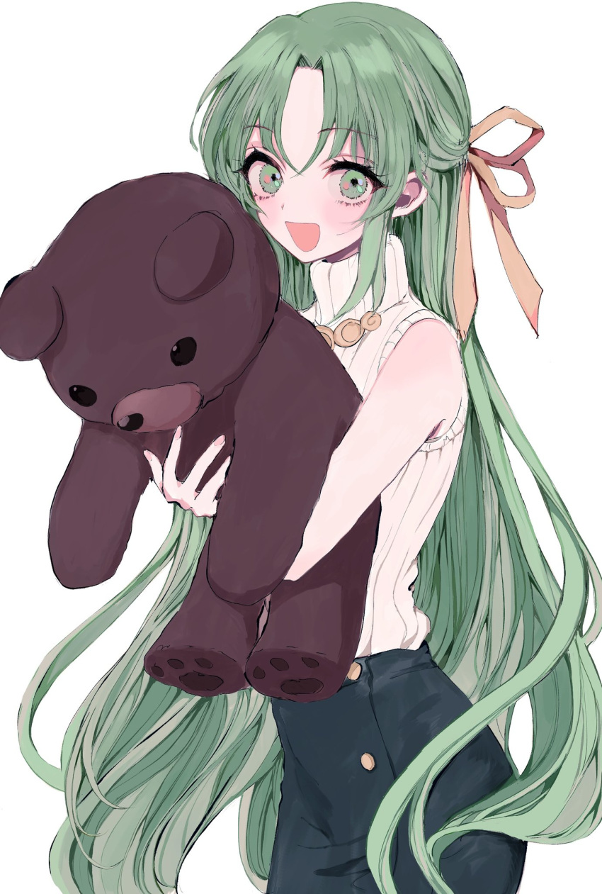 1girl :d fuyu_(wldnrowldnro) green_eyes green_hair hair_ribbon highres higurashi_no_naku_koro_ni holding holding_stuffed_toy long_hair open_mouth oversized_object ribbed_sweater ribbon sleeveless sleeveless_turtleneck smile solo sonozaki_shion stuffed_animal stuffed_toy sweater teddy_bear turtleneck turtleneck_sweater white_background yellow_ribbon