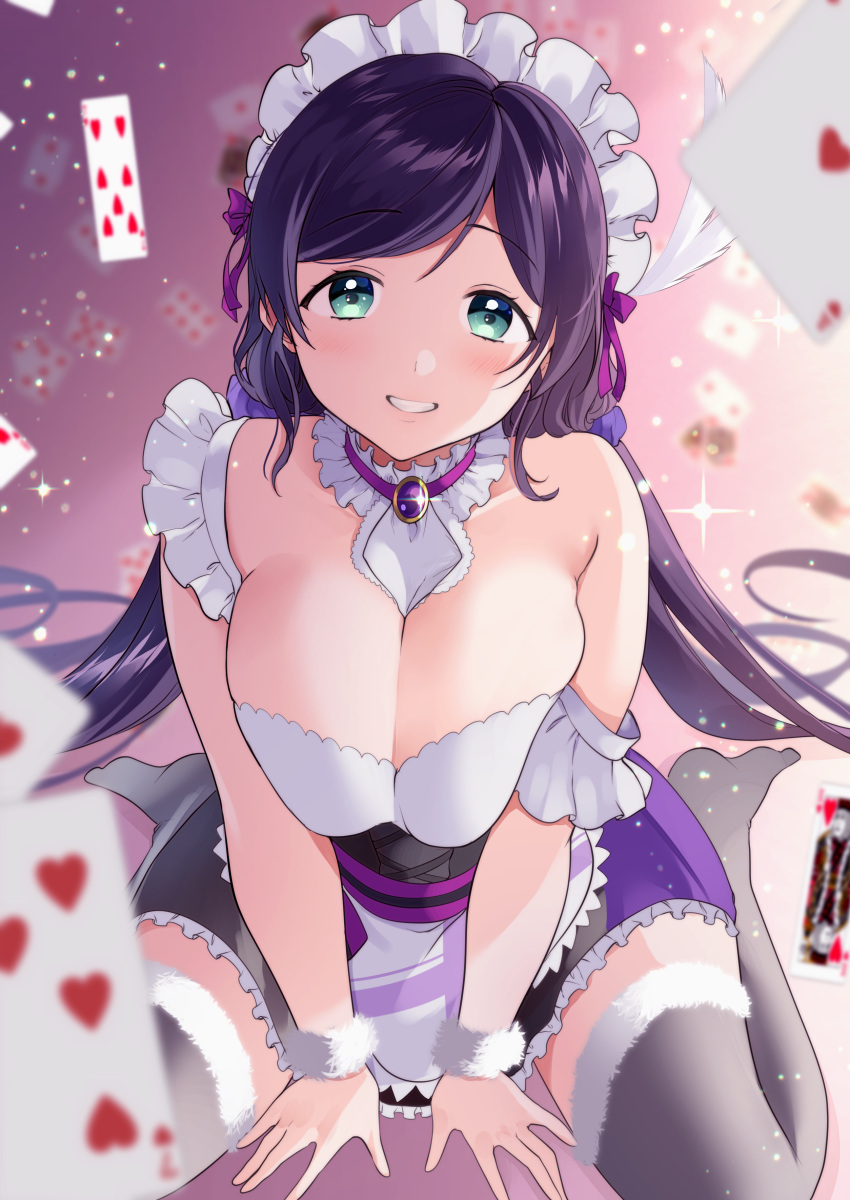 1girl :d absurdres ace_of_hearts apron aqua_eyes arm_support bangs bare_shoulders black_legwear blurry blurry_background blush bow breast_squeeze breasts card chocolate choker cleavage collarbone cravat cross-laced_clothes detached_collar eyebrows_visible_through_hair frilled_choker frilled_shirt_collar frilled_skirt frilled_straps frills fur-trimmed_legwear fur_trim gradient gradient_background green_eyes grin hair_ornament hair_scrunchie headdress heart highres huge_breasts jewelry kazehana_(spica) king_of_hearts_(card) large_breasts light_blush long_hair looking_at_viewer love_live! love_live!_school_idol_project low_twintails maid maid_apron maid_headdress miniskirt mogyutto_"love"_de_sekkin_chuu! mouth_hold multicolored_hair open_mouth pendant playing_card purple_bow purple_hair purple_scrunchie scrunchie seven_of_hearts sitting skirt sleeveless smile solo strap_slip swept_bangs thighhighs toujou_nozomi twintails wariza