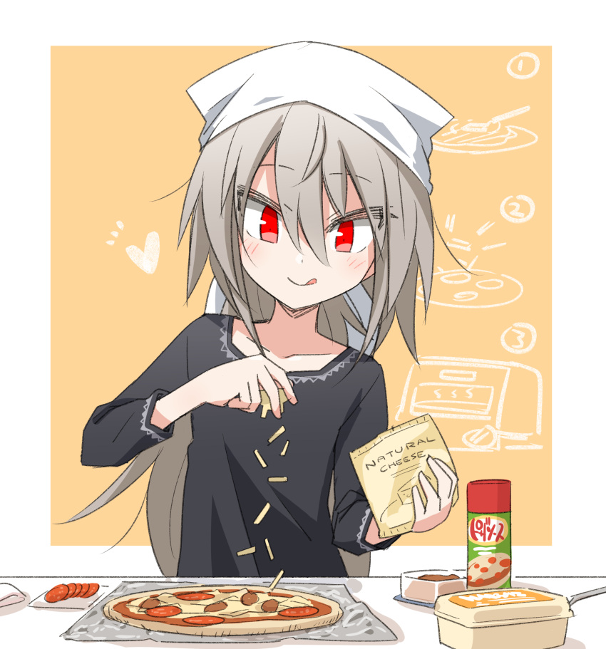 1girl cheese cooking elena_trafalgar food head_scarf highres ikune_juugo light_brown_hair long_hair original pepperoni pizza red_eyes simple_background solo tongue tongue_out upper_body