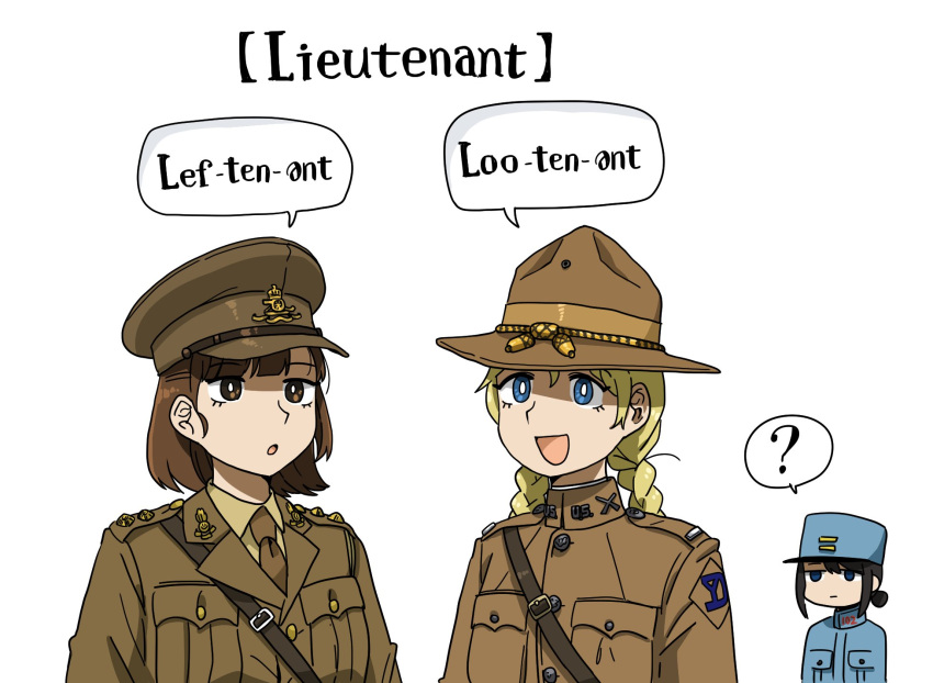 3girls ? america anyan_(jooho) army blonde_hair british brown_hair confused cowboy_hat english_text france hat highres military military_uniform multiple_girls necktie original peaked_cap uniform world_war_i