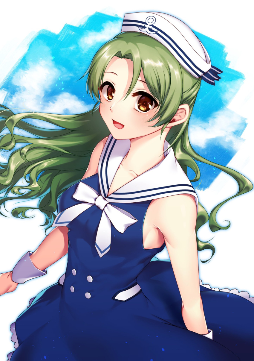 1girl bangs blue_dress brown_eyes character_request collarbone dress floating_hair green_hair hair_between_eyes hair_intakes hat highres long_hair neck_ribbon ribbon sailor_collar sailor_dress shiny shiny_hair sleeveless sleeveless_dress solo standing white_headwear white_ribbon white_sailor_collar wrist_cuffs yashirogi_suzuna