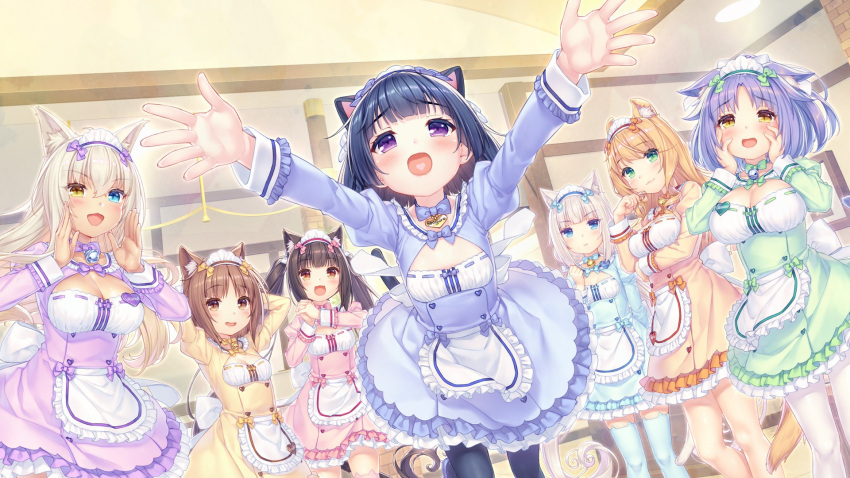 6+girls animal_ears azuki_(nekopara) bell bow cat_ears cat_girl cat_tail chocola_(nekopara) cinnamon_(nekopara) coconut_(nekopara) highres jingle_bell maple_(nekopara) multiple_girls nekopara sayori_(neko_works) tail vanilla_(nekopara) waitress