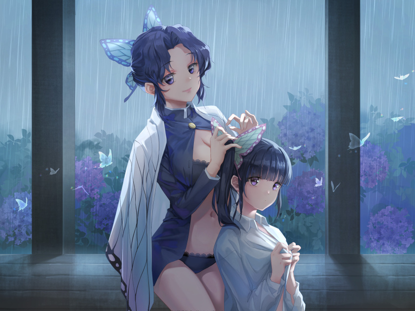 2girls absurdres animal_print black_hair blush breasts bug butterfly butterfly_hair_ornament butterfly_print chocofox cleavage collared_shirt expressionless flower_request hair_ornament highres insect kimetsu_no_yaiba kneeling kochou_shinobu large_breasts looking_at_viewer multiple_girls navel open_clothes purple_eyes raining_blood shirt short_hair short_twintails siblings smile tsuyuri_kanao twintails veranda white_shirt