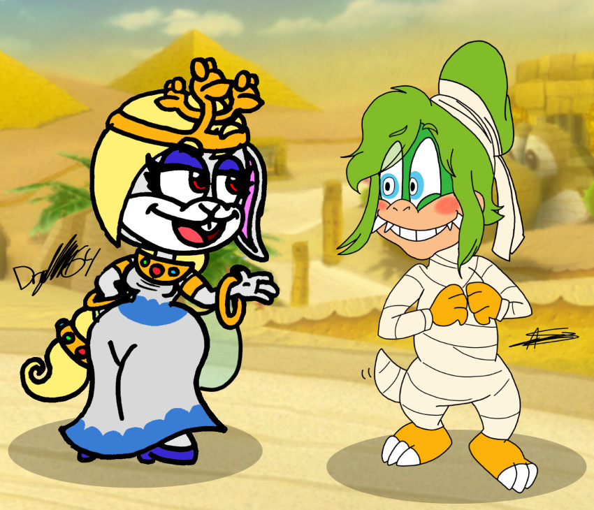 anthro bob-omb bow_tie broodal buckteeth clothing desert duo fangs female green_hair hair hariet_(mario) hat headgear headwear hi_res iggy_koopa koopa koopaling lagomorph leporid male male/female mammal mario_bros mummy nintendo pharaoh rabbit royalty scalie super_mario_odyssey teeth undead video_games wardrobe_malfunctio