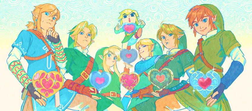 6+boys arm_guards blonde_hair blue_eyes boots brown_hair fingerless_gloves frown gloves green_headwear hat heart highres hyrule_warriors link looking_at_viewer multiple_boys multiple_persona pointy_ears scarf sidelocks smile strap sweatdrop the_legend_of_zelda the_legend_of_zelda:_a_link_to_the_past the_legend_of_zelda:_breath_of_the_wild the_legend_of_zelda:_ocarina_of_time the_legend_of_zelda:_skyward_sword the_legend_of_zelda:_the_wind_waker the_legend_of_zelda:_twilight_princess toon_link uzucake