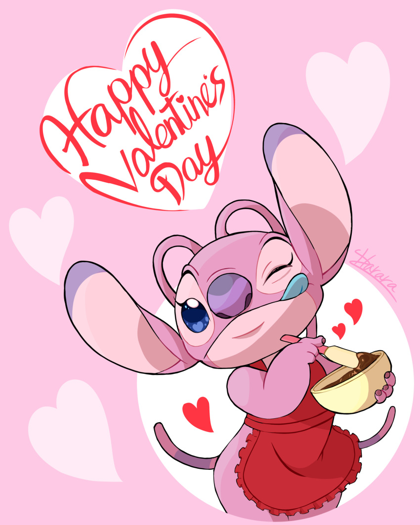 &lt;3 2021 4:5 alien angel_(lilo_and_stitch) antennae_(anatomy) apron batter blue_eyes blue_tongue bowl cel_shading claws clothing digital_drawing_(artwork) digital_media_(artwork) disney english_text experiment_(lilo_and_stitch) eyelashes female harara hi_res holiday_message holidays lilo_and_stitch long_antennae looking_at_viewer one_eye_closed pink_background pink_body purple_claws purple_nose shaded signature simple_background solo spatula text tongue tongue_out tools valentine's_day wink