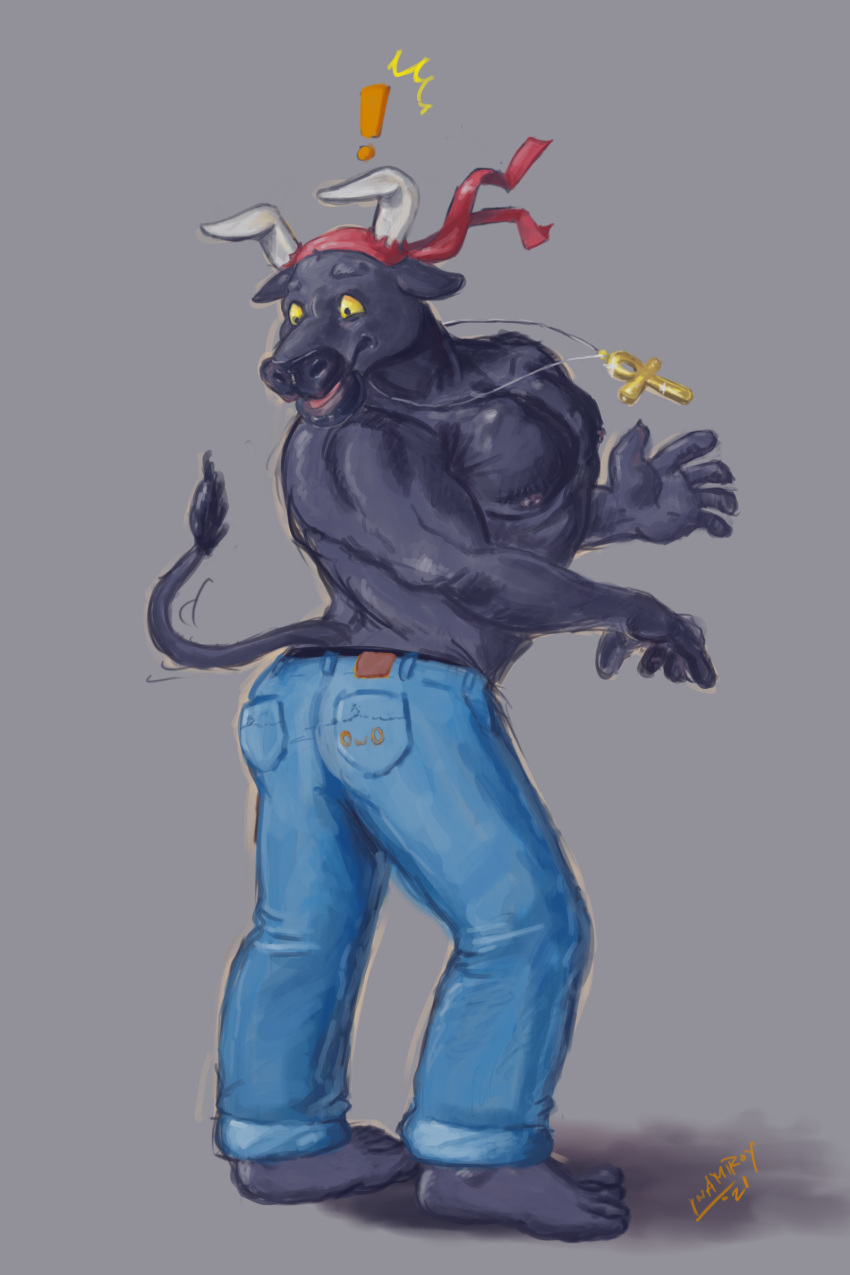 ! 2021 2:3 absurd_res alexyorim alternate_species ankh back_pose bandanna black_body black_fur bottomwear bovid bovine butt cattle clothing denim denim_clothing digital_media_(artwork) digital_painting_(artwork) fur grey_background hi_res horn jeans kerchief lupine_assassin male mammal muscular muscular_male owo pants raised_tail simple_background solo yellow_sclera