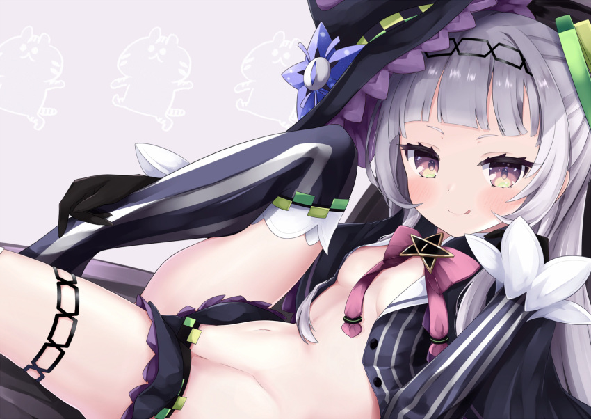 1girl bangs black_gloves black_headwear blunt_bangs blush bow bowtie closed_mouth cocozasa gloves groin hair_bun hat highres hololive long_hair long_sleeves looking_at_viewer lying midriff murasaki_shion navel on_back open_clothes open_shirt pink_bow pinstripe_shirt short_eyebrows silver_hair smile solo thigh_strap tilted_headwear tongue tongue_out virtual_youtuber witch_hat yellow_eyes