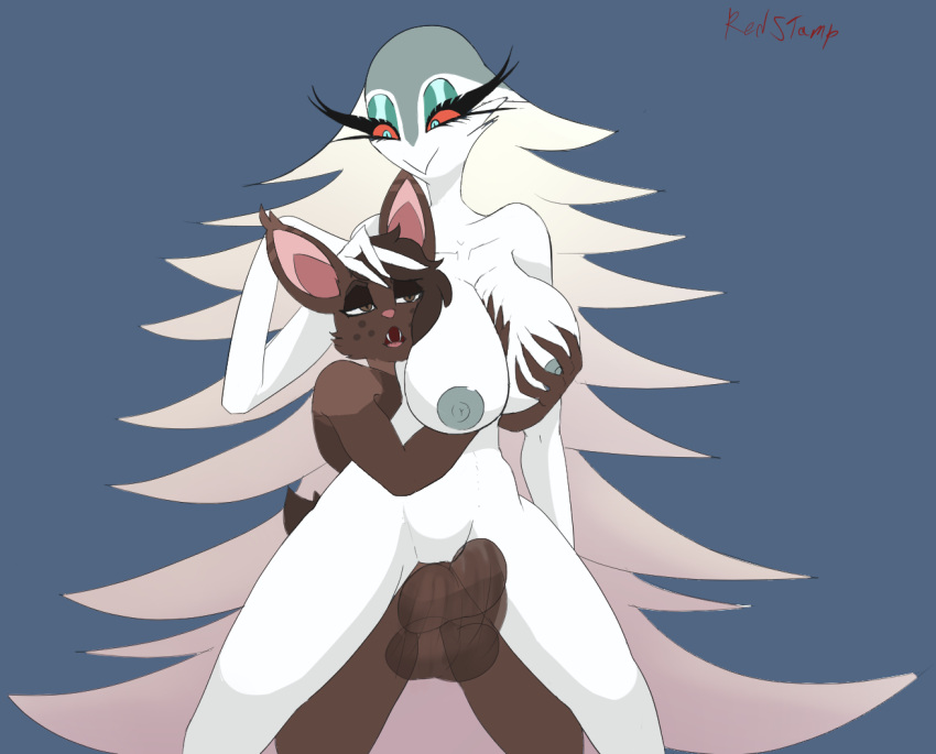 anthro anthro_on_anthro avian balls blue_eyes breast_grab breasts brown_body brown_eyes brown_fur chiropteran duo fangs female female_penetrated fluffy fluffy_tail fur genitals hair hand_on_breast helluva_boss interspecies looking_pleasured male male/female male_penetrating male_penetrating_female mammal nipples open_mouth penetration pussy sex simple_background stella_(vivzmind) teeth theredstamp tongue vaginal vaginal_penetration white_body white_fur