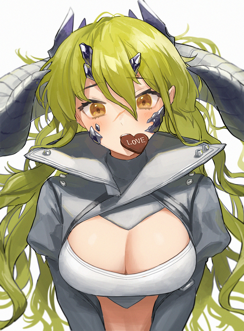 1girl arknights bangs blush breasts brown_eyes candy chocolate chocolate_heart cleavage estelle_(arknights) eyebrows_visible_through_hair food green_hair hair_between_eyes heart high_collar highres horns jfjf large_breasts long_hair long_sleeves messy_hair mouth_hold scar scar_across_eye simple_background solo valentine white_background