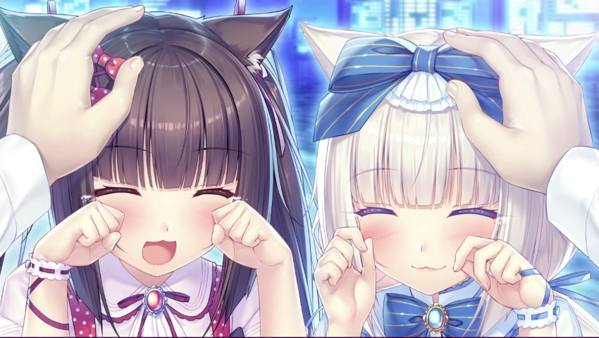 2girls animal animal_ears bell bow cat_ears cat_girl chocola_(nekopara) crying jingle_bell multiple_girls nekopara petting sayori_(neko_works) smile twintails vanilla_(nekopara)