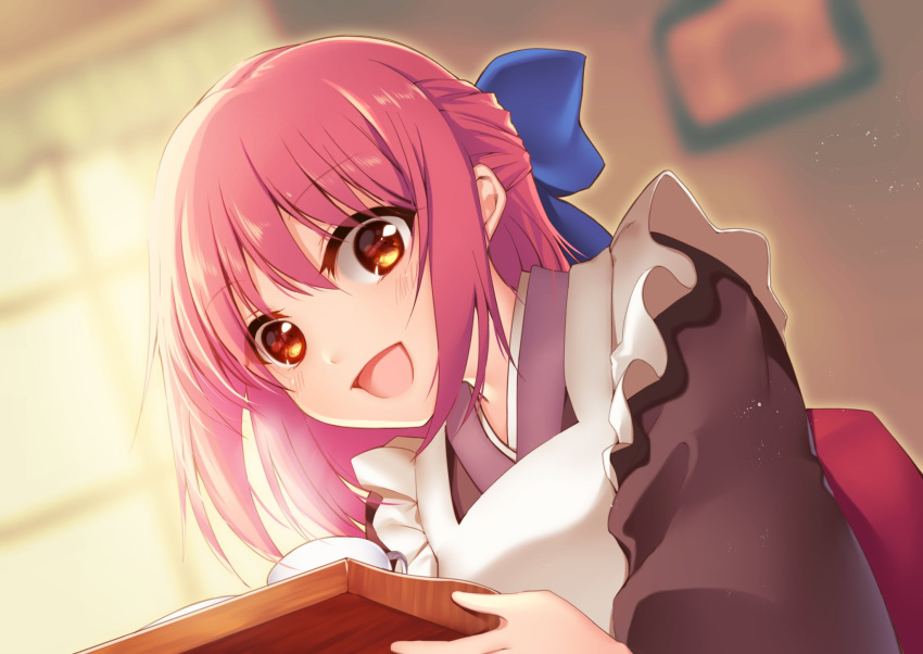 1girl :d apron bangs black_kimono blue_bow blurry blurry_background blush bow eyebrows_visible_through_hair hair_between_eyes hair_bow highres indoors japanese_clothes kimono kohaku_(tsukihime) maid medium_hair open_mouth orange_eyes red_hair shiny shiny_hair smile solo tsukihime upper_body white_apron yashirogi_suzuna