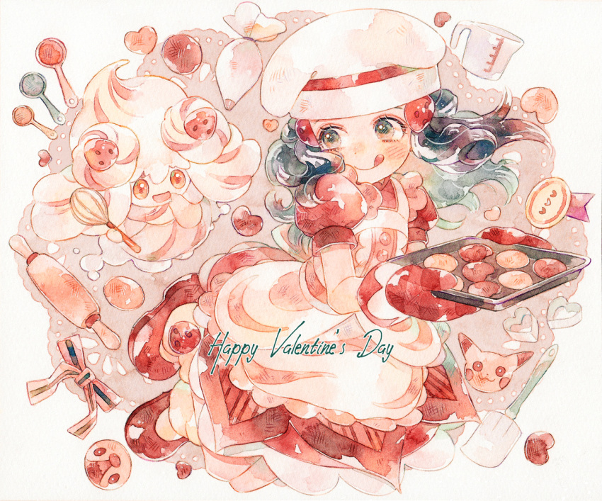 1girl :q alcremie alcremie_(strawberry_sweet) apron baking_sheet blush buttons chef_hat closed_mouth commentary dawn_(pokemon) dress eyelashes floating_hair gen_1_pokemon gen_4_pokemon gen_8_pokemon happy_valentine hat holding looking_back nose_blush oven_mitts pikachu piplup pokemon pokemon_(creature) pokemon_(game) pokemon_masters_ex red_dress red_mittens rrrpct short_sleeves smile tongue tongue_out traditional_media valentine watercolor_(medium)