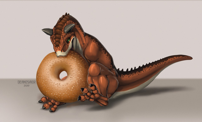 2019 3_toes abelisaurid bagel big_food bite bread brown_background brown_body brown_scales carnotaurus deanosaior dinosaur eating feet feral food green_eyes horn male multicolored_body nom om_nom_nom red_body red_scales reptile scales scalie sesame_seeds shadow simple_background sitting solo spines tan_background theropod toes watermark white_body white_scales