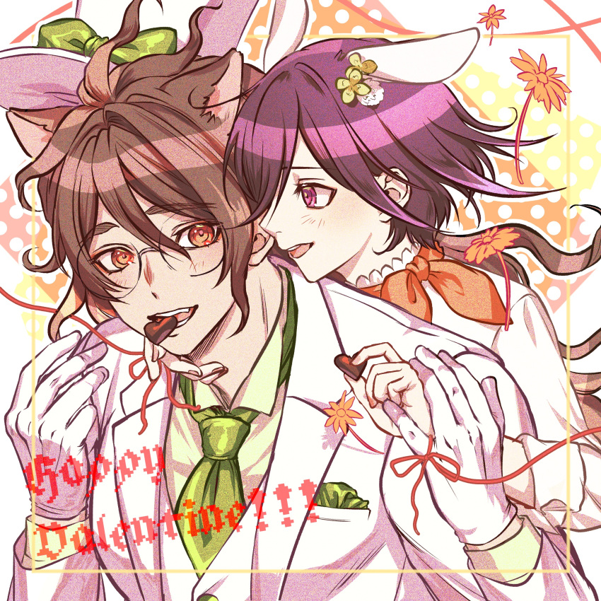 2boys alternate_costume animal_ears bangs bow brown_eyes brown_hair candy chocolate chocolate_heart collared_shirt commentary_request danganronpa_(series) danganronpa_v3:_killing_harmony food food_in_mouth formal gloves gokuhara_gonta green_bow green_neckwear hair_bow hair_ornament hands_up happy_valentine heart highres jacket long_sleeves male_focus messy_hair multiple_boys necktie open_mouth ouma_kokichi purple_hair red_ribbon ribbon round_eyewear sanmian_(chidarakeno) shiny shiny_hair shirt upper_body valentine white_gloves white_jacket yaoi