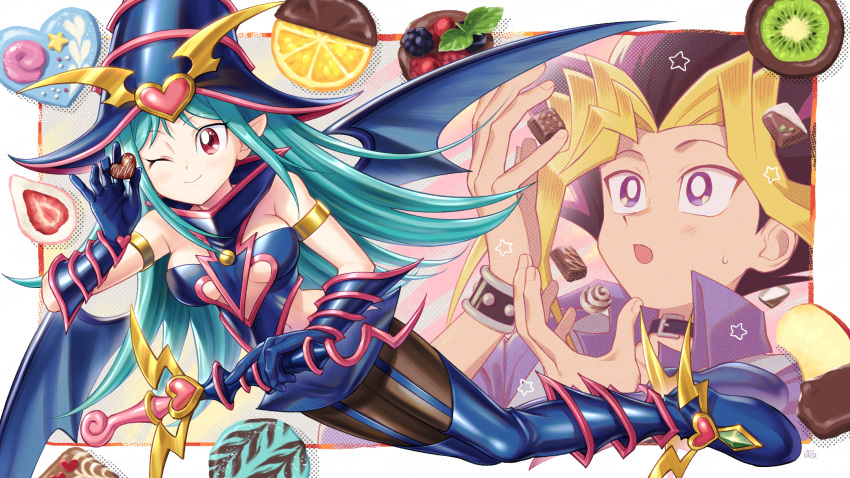 1boy 1girl bangs bare_shoulders boots breasts choco_magician_girl chocolate closed_mouth clothing_cutout commentary_request duel_monster eyelashes garter_straps gloves green_hair hat heart highres holding holding_wand kiwi_slice koma_yoichi long_hair mutou_yuugi navel one_eye_closed pantyhose pointy_ears red_eyes skirt smile star_(symbol) thigh_boots thighhighs wand wings witch_hat yu-gi-oh!