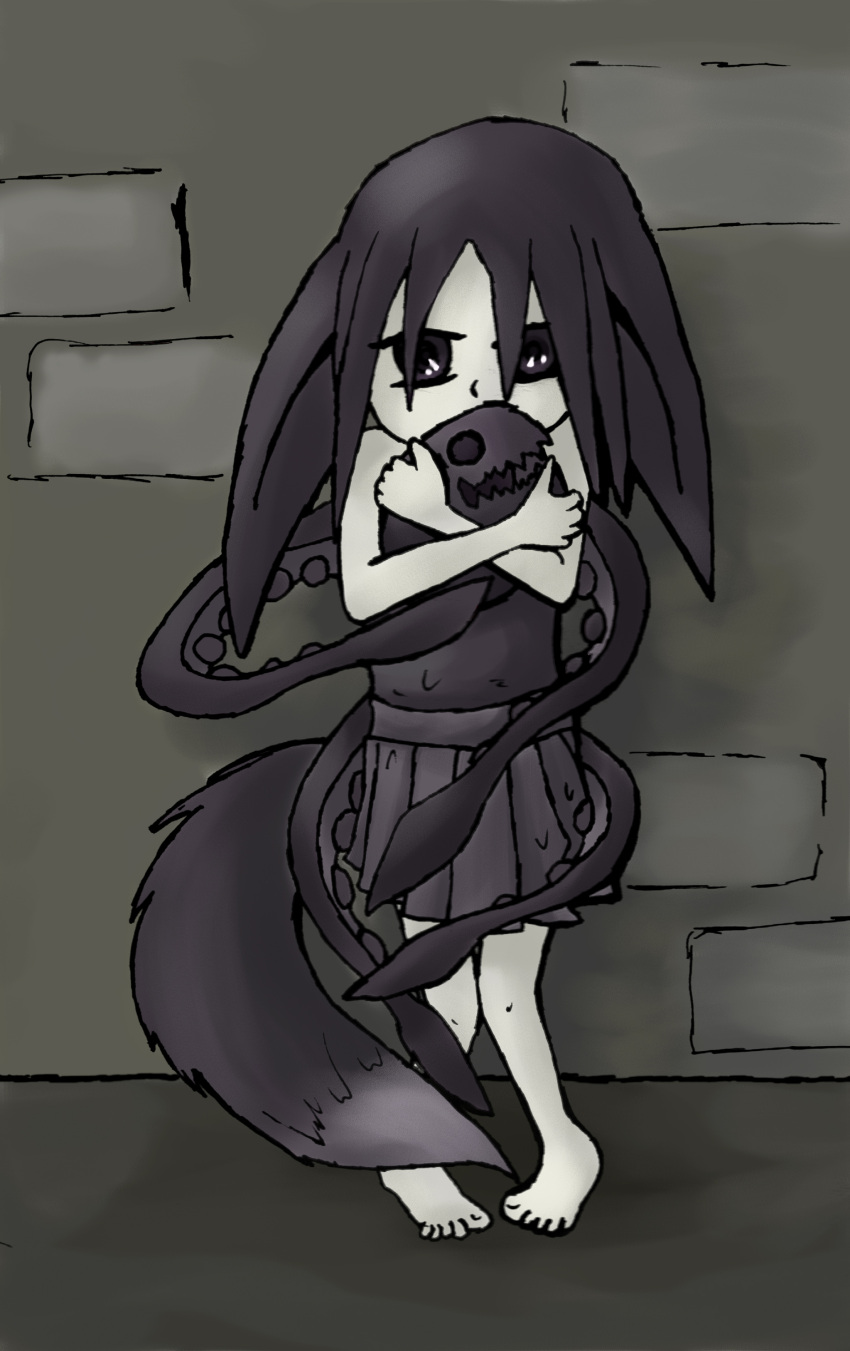 absurd_res animal_humanoid bottomwear brick_wall canid canid_humanoid canine canine_humanoid child clothing clutching dark_eyes duo female fox_humanoid fox_tail hi_res holding_object humanoid looking_at_viewer mammal mammal_humanoid not_furry onik_imp pet scared shadow skirt tentacles wall_(structure) white_mink young