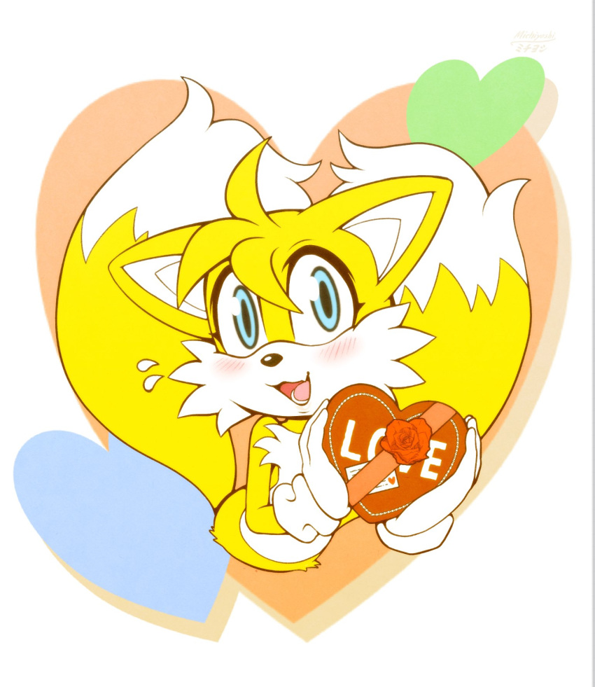 &lt;3 2021 anthro blue_eyes blush candy canid canine clothing dessert dipstick_tail food fox fur gloves handwear hi_res holding_object holidays male mammal michiyoshi miles_prower multicolored_tail open_mouth open_smile smile solo sonic_the_hedgehog_(series) teeth tongue valentine's_day video_games white_body white_fur yellow_body yellow_fur