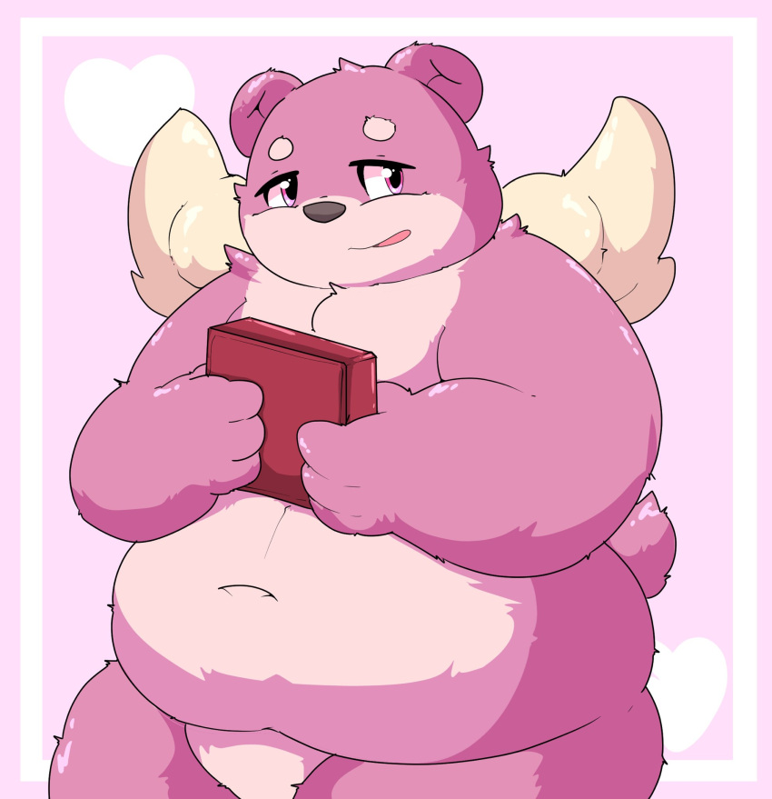 &lt;3 2021 anthro belly box_of_chocolates candy chocolate dessert food fur hi_res holidays kemono kusosensei male mammal navel overweight overweight_anthro overweight_male pink_body pink_fur solo ursid valentine's_day wings