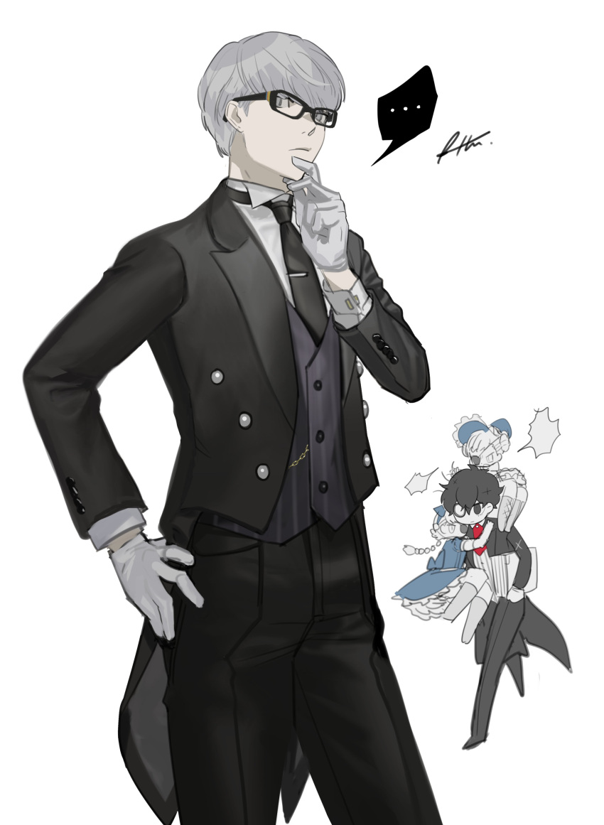 ... 2boys 2girls absurdres alternate_costume amamiya_ren bangs black_jacket black_neckwear black_pants braid btmr_game butler caroline_(persona_5) carrying formal glasses gloves hand_on_hip highres jacket justine_(persona_5) long_sleeves monocle multiple_boys multiple_girls narukami_yuu necktie pants persona persona_4 persona_5 red_neckwear signature silver_hair simple_background spoken_ellipsis white_background white_gloves