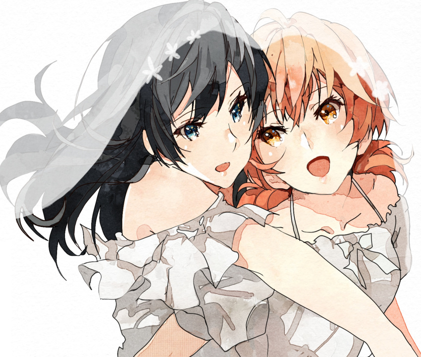 2girls bare_shoulders black_hair blue_eyes brown_eyes collarbone dress faux_traditional_media highres kataru_(ubw-emiya) koito_yuu long_hair looking_at_another medium_hair multiple_girls nanami_touko open_mouth orange_hair simple_background sleeveless sleeveless_dress smile spaghetti_strap veil white_background white_dress yagate_kimi_ni_naru