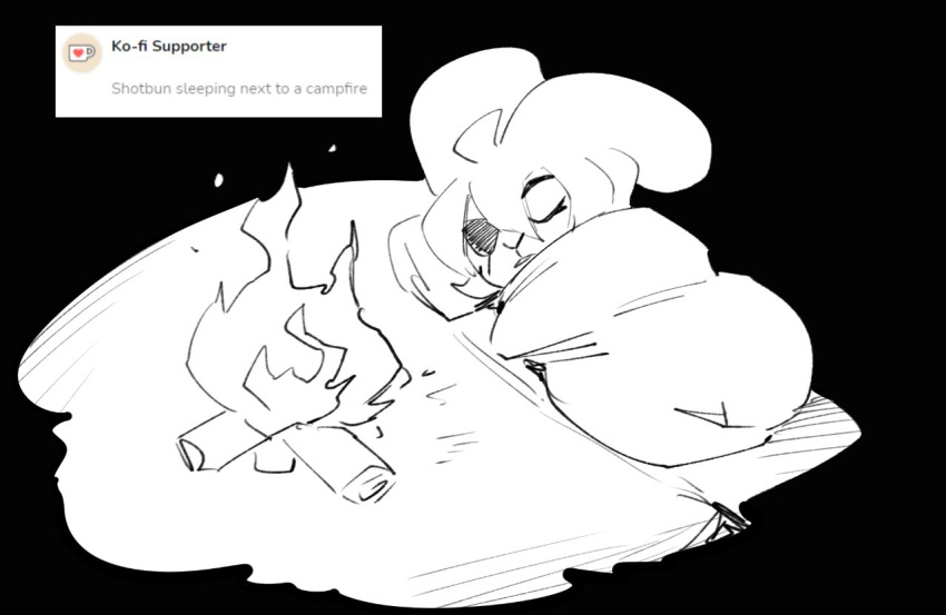 2021 ahoge anaugi anthro ask_blog bed bedding black_background blanket campfire english_text eye_patch eyes_closed eyewear female furniture hair lagomorph leporid lying mammal monochrome on_bed pillow rabbit shotbun_(anaugi) simple_background sketch sleeping solo text under_covers