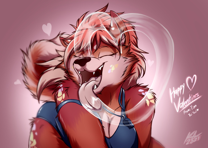 &lt;3 all_fours anthro bodily_fluids breasts canid canine canis cleavage clothed clothing domestic_dog drooling female fluffy fur hair hi_res holidays husky kyron-ladon leaning licking_screen lifeguard mammal nordic_sled_dog pink_body pink_fur pink_hair red_body red_fur saliva solo spitz tina_(kyron-ladon) tongue valentine's_day