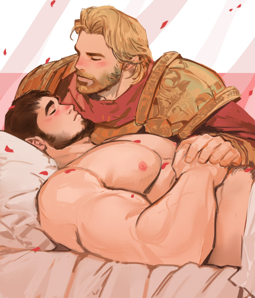 2boys armor bara beard blonde_hair blush brown_hair cosplay couple facial_hair from_side highres holding_hands jang_ju_hyeon large_pectorals lying male_focus mature_male medium_hair multiple_boys muscular muscular_male navel_hair nipples nude on_back original pauldrons petals pillow prince short_hair shoulder_armor sleeping sleeping_beauty sleeping_beauty_(character) sleeping_beauty_(character)_(cosplay) valentine yaoi