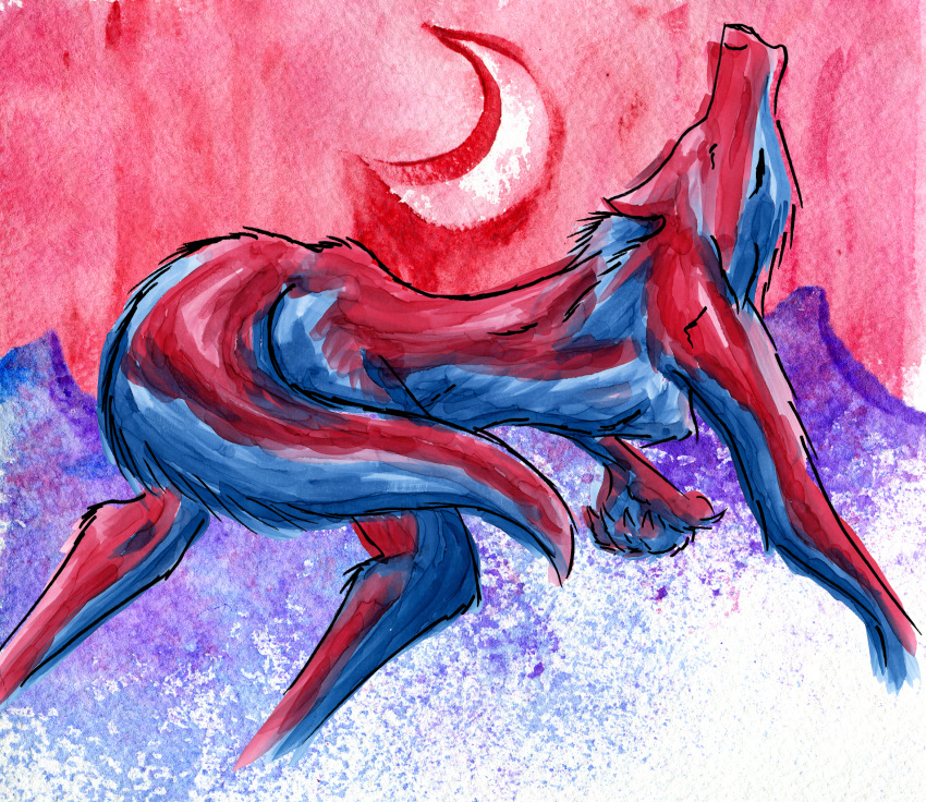 anthro canid canine convenient_censorship crescent_moon female fur hi_res howl mammal maris_(white_mink) marker_(artwork) moon mountain nude painting_(artwork) red_body red_fur simple_background solo traditional_media_(artwork) watercolor_(artwork) were werecanid werecanine werewolf white_mink