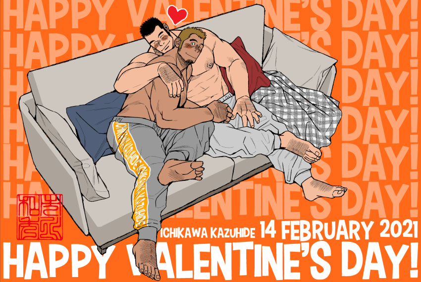 2boys abs arm_hair bara black_hair blonde_hair blush couch couple facial_hair grey_pants happy_valentine highres ichikawa_kazuhide interracial large_pectorals male_focus mature_male multiple_boys muscular muscular_male navel nipples on_couch original pants shirtless short_hair smile stomach stubble valentine yaoi