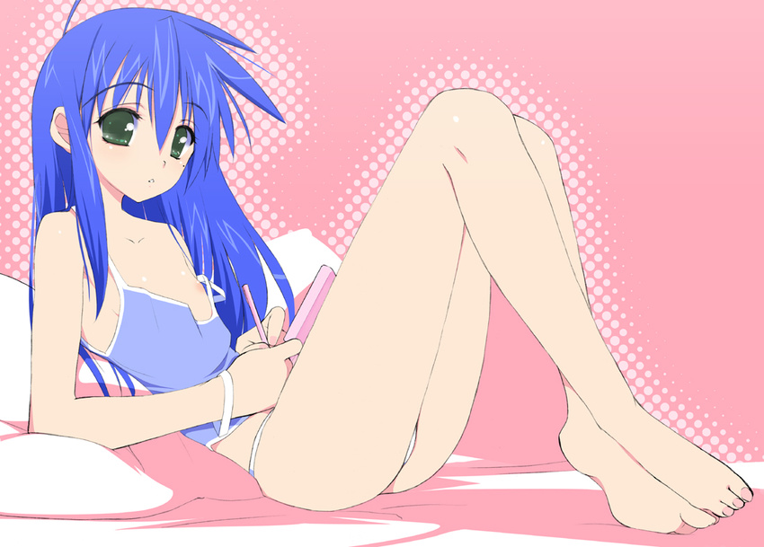 barefoot blue_hair blush camisole feet flat_chest green_eyes handheld_game_console izumi_konata kusaka_souji legs lucky_star mole mole_under_eye nail_polish nintendo_ds nipple_slip nipples older panties pink_nails solo strap_slip toenail_polish underwear