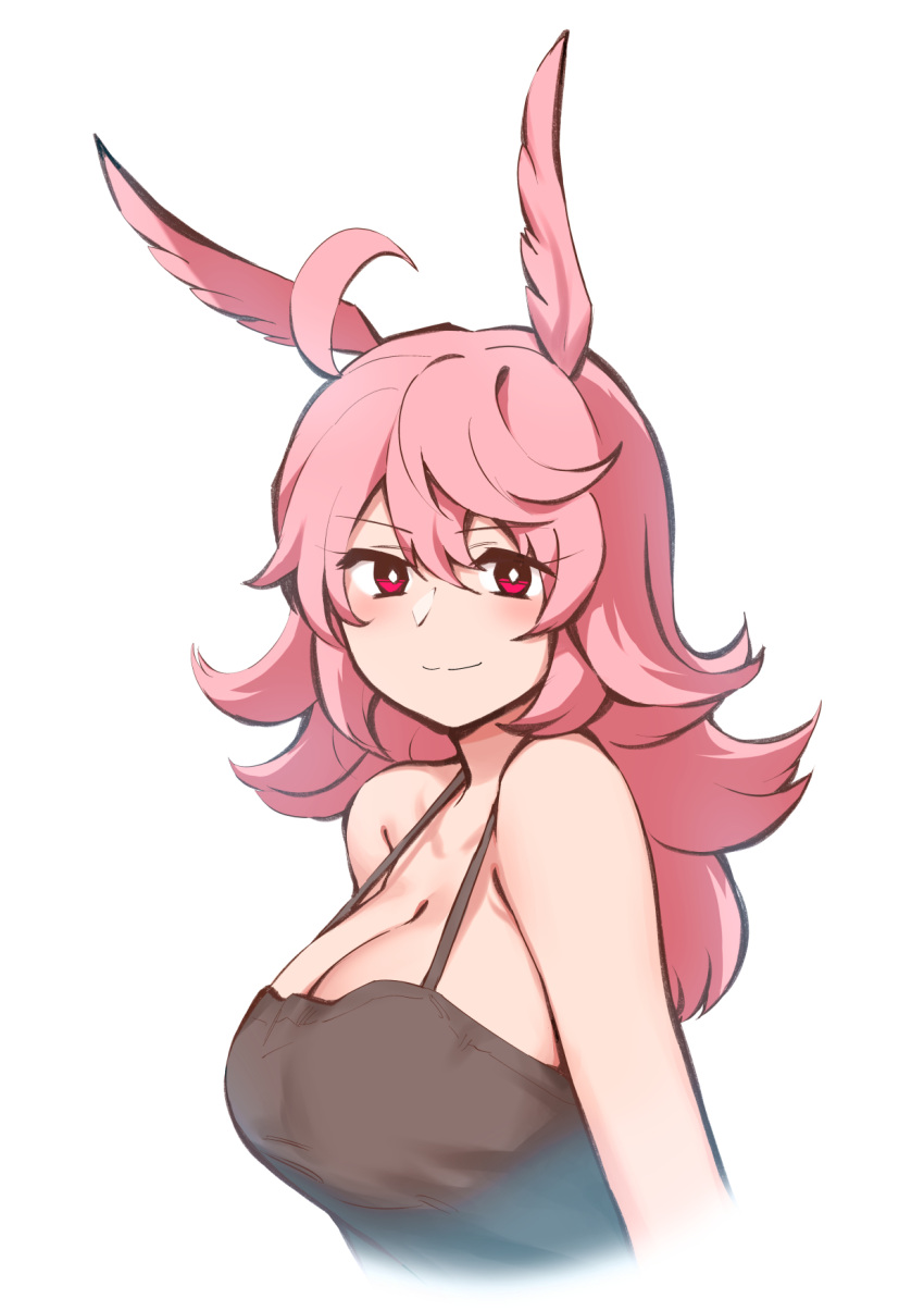1girl ahoge akizora animal_ears black_tank_top blush breasts cleavage closed_mouth fate/grand_order fate_(series) highres hildr_(fate) large_breasts long_hair looking_at_viewer messy_hair pink_eyes pink_hair simple_background smile solo tank_top upper_body valkyrie_(fate) white_background