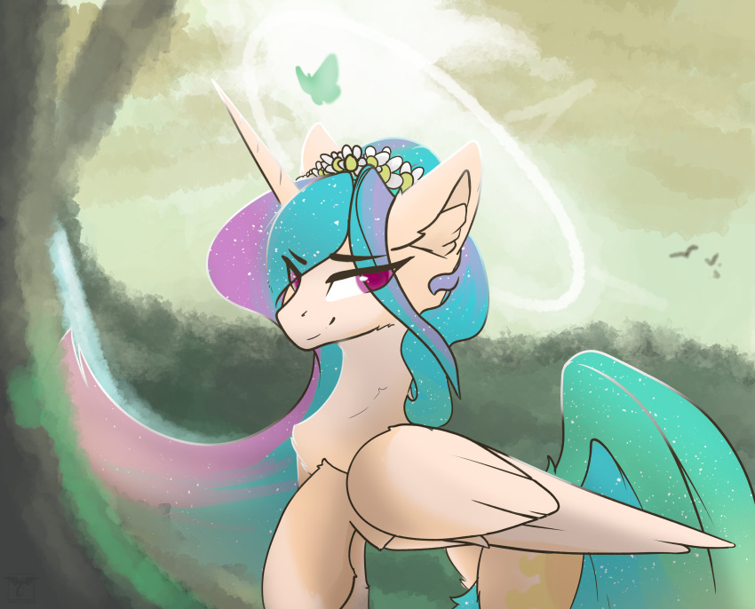 2021 absurd_res arthropod butterfly cutie_mark equid equine ethereal_hair ethereal_mane ethereal_tail eye_through_hair eyebrow_through_hair eyebrows feathered_wings feathers female feral flower flower_crown forest friendship_is_magic fur hair halo hasbro hi_res hooves horn inner_ear_fluff insect lepidopteran looking_at_viewer mammal mane multicolored_mane multicolored_tail my_little_pony outside pink_eyes plant princess_celestia_(mlp) pseudo_hair pseudo_mane quadruped raised_hoof smile solo therealf1rebird translucent translucent_hair tree tuft white_body white_feathers white_fur white_wings winged_unicorn wings