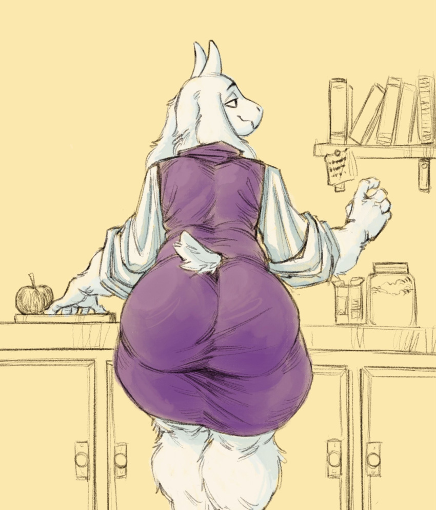 2025 2_horns 5_fingers anthro apple arm_tuft big_butt biped black_eyebrows black_eyes book bookshelf boss_monster_(undertale) bovid butt caprine closed_smile clothed clothed_anthro clothed_female clothing container cutting_board digital_drawing_(artwork) digital_media_(artwork) ear_tuft eyebrows female fingers floppy_ears food fruit fur fur_tuft furniture glass glass_jar goat half-closed_eyes head_turned hi_res horn huge_butt humanoid_hands inside iris jar kitchen leg_tuft legs_together light_body light_fur looking_at_object lop_ears mammal mature_anthro mature_female monotone_body monotone_fur monotone_tail mouth_closed multicolored_clothing multicolored_robe narrowed_eyes no_pupils onni's plant rear_view robe short_tail smile snout solo standing sweater tail thick_thighs topwear toriel tuft turtleneck two_tone_robe undertale undertale_(series) white_body white_ears white_fur white_horn white_sclera white_tail