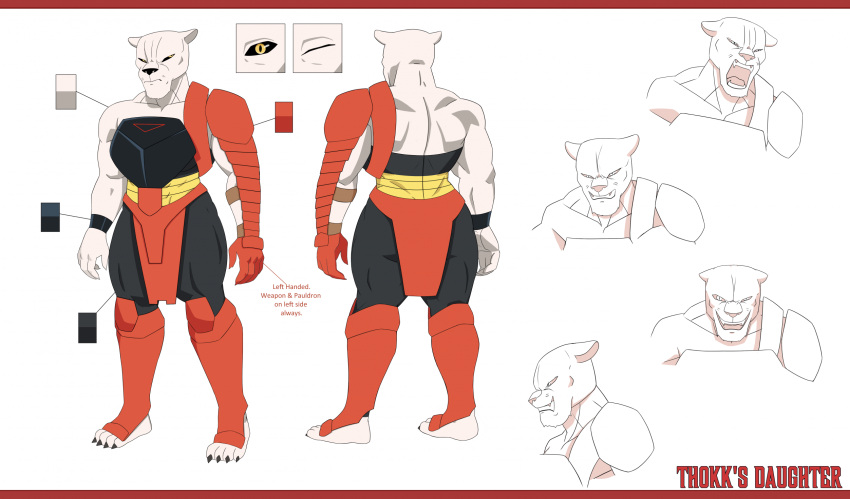 2025 4_toes 5_fingers angry anthro armor aspirantpill bare_back bare_shoulders barefoot big_mouth_(anatomy) biped black_claws black_clothing black_cuffs black_nose black_sclera black_skinsuit bottomwear breastplate broad_shoulders butt character_name chin_tuft claws clothed clothed_anthro clothed_female clothing collarbone cuffs_(clothing) digital_drawing_(artwork) digital_media_(artwork) ears_aside english_text eyes_closed facial_tuft fangs feet felid female finger_claws fingers fully_clothed fully_clothed_anthro fully_clothed_female fur fur_tuft glistening glistening_eyes greaves grin grinning_at_viewer grumpy half-closed_eyes hi_res humanoid_hands image_comics invincible_(image_comics) iris letterbox light_body light_fur lion loincloth looking_at_viewer mammal model_sheet monotone_body monotone_fur mouth_closed multicolored_bottomwear multicolored_breastplate multicolored_clothing multicolored_loincloth muscular muscular_anthro muscular_arms muscular_female muscular_thighs narrowed_eyes one_eye_half-closed open_mouth open_smile pantherine pauldron plantigrade pupils red_armor red_greaves red_pauldron red_text simple_background skinsuit slit_pupils smile smiling_at_viewer solo standing straight_legs teeth text thick_neck thokk's_daughter three-quarter_view tight_clothing toe_claws toes tongue tuft two_tone_bottomwear two_tone_breastplate two_tone_clothing two_tone_loincloth white_background white_body white_ears white_fur white_inner_ear wide_hipped_anthro wide_hipped_female wide_hips yellow_eyes