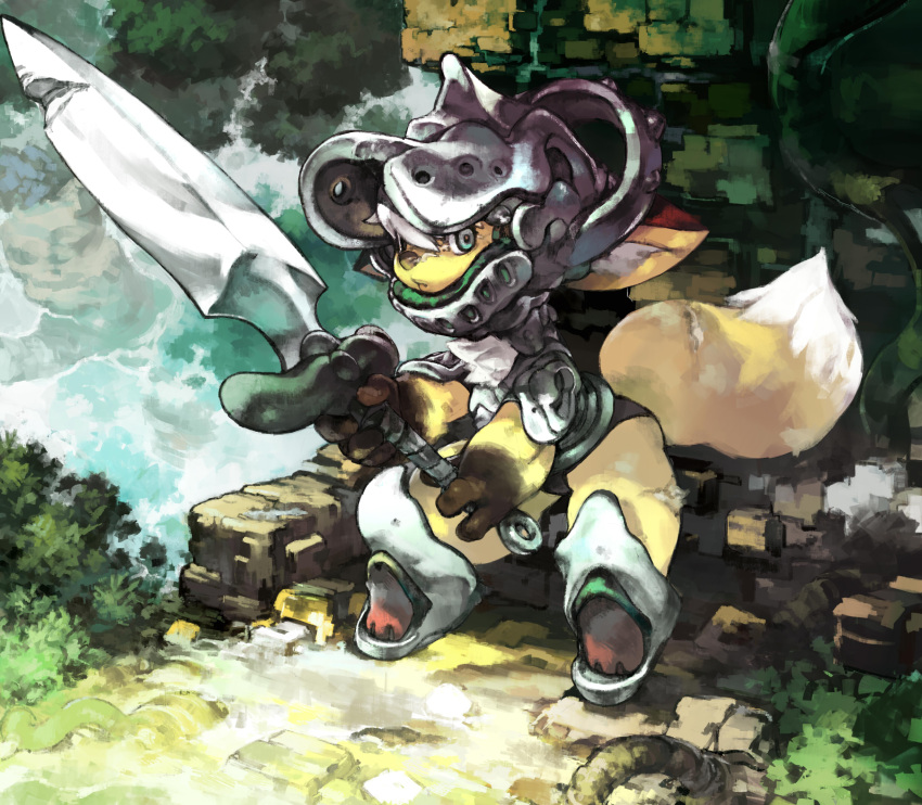 2016 ambiguous_gender anthro armor canid canine detailed_background dipstick_limbs fox grass hair headgear helmet hi_res holding_object holding_sword holding_weapon koki looking_aside mammal melee_weapon outside plant solo sword tan_body weapon white_hair