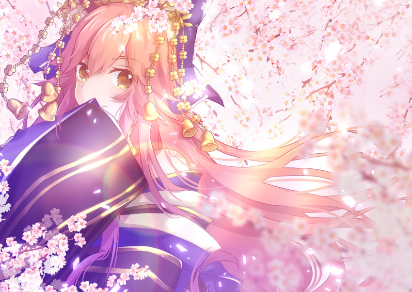 1girl absurdres bangs bare_shoulders bell blue_kimono cherry_blossoms closed_mouth covering_mouth eyebrows_visible_through_hair fate/grand_order fate_(series) green_eyes hair_between_eyes highres japanese_clothes kimono long_hair long_sleeves looking_at_viewer off-shoulder_kimono off_shoulder orange_hair sidelocks smile solo tamamo_(fate)_(all) tamamo_no_mae_(fate) tsukioto upper_body wide_sleeves