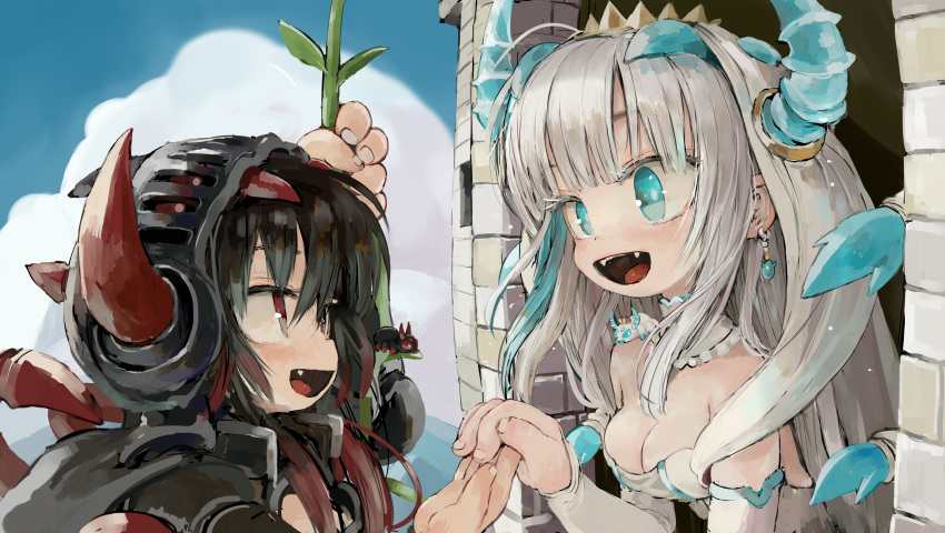 2girls :d absurdres black_hair blue_eyes blue_sky breasts bright_pupils bug cleavage cloud detached_sleeves dress ebimomo fangs fingernails from_side helmet highres holding holding_hands horned_helmet horns horns_through_headwear long_sleeves medium_breasts multiple_girls open_mouth original princess red_eyes sky smile spider stalk strapless strapless_dress veil white_dress white_hair white_pupils