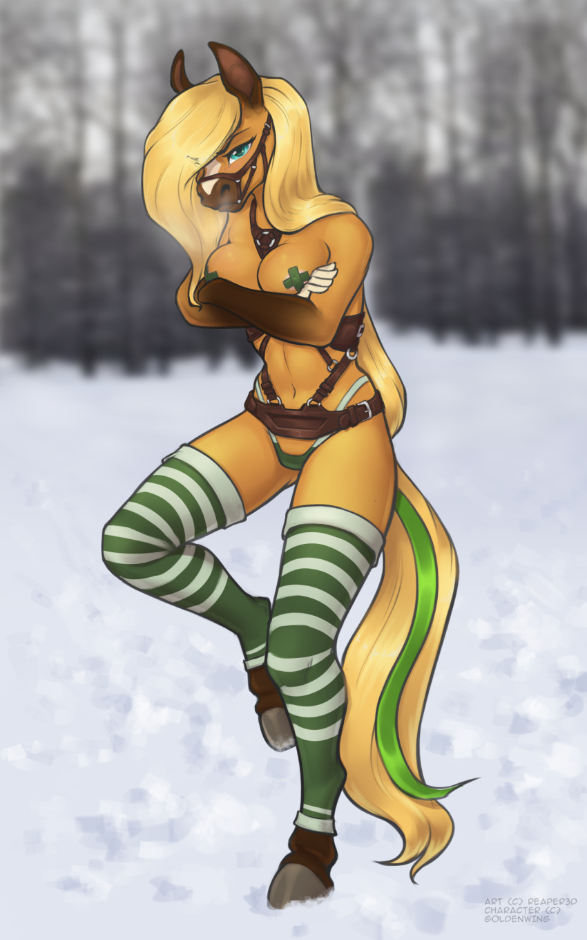 anthro breasts bridle clothing cold crossgender equid equine female golden_wing hair harness hi_res horse legwear looking_at_viewer mammal pattern_clothing pattern_legwear pattern_stockings petplay ponyplay reaper3d roleplay snow solo stockings striped_clothing striped_legwear striped_stockings stripes