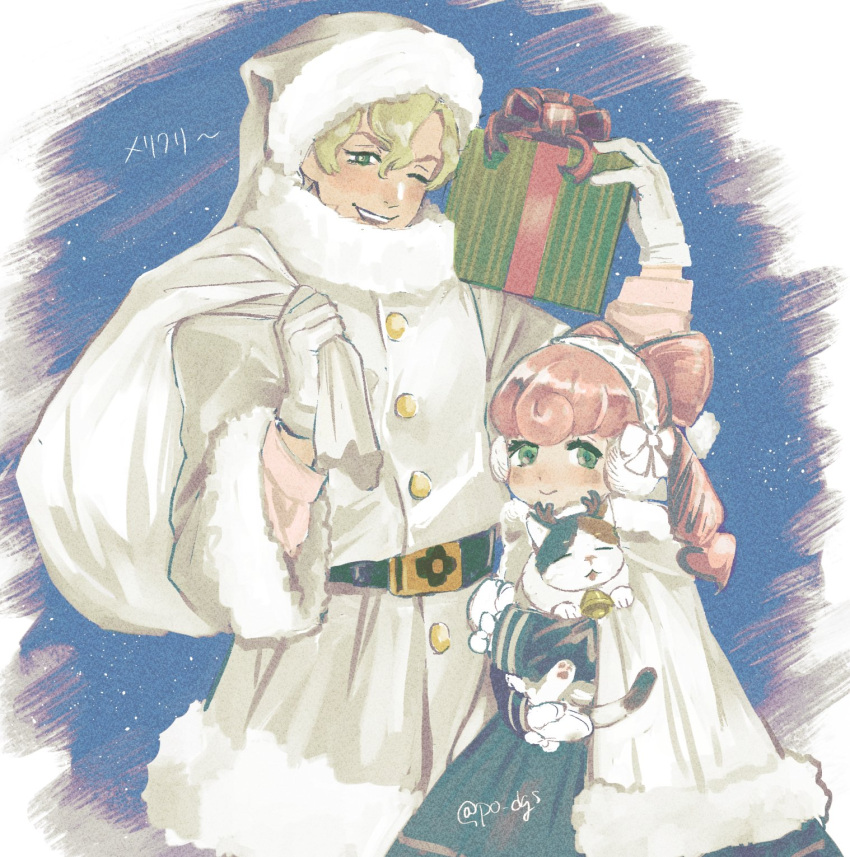 1boy 1girl ace_attorney alternate_costume animal belt black_belt blonde_hair blue_background box cat christmas closed_mouth dress earmuffs fur-trimmed_headwear fur-trimmed_jacket fur_trim gift gift_box gloves grey_hat grey_jacket hat herlock_sholmes highres holding holding_animal holding_cat holding_gift holding_sack iris_wilson jacket long_hair long_sleeves looking_at_viewer merry_christmas one_eye_closed open_mouth p_(po_dgs) pink_hair sack santa_costume short_hair smile the_great_ace_attorney twintails wagahai_(ace_attorney) white_gloves winter_clothes