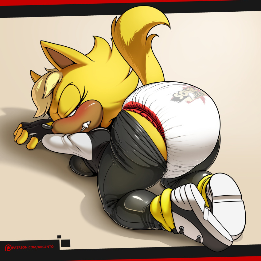 absurd_res anthro bent_over blush bottomwear butt canid canine canis clothing diaper fan_character female footwear fur hi_res looking_back mammal pants presenting presenting_hindquarters raised_tail shoes sneakers solo sonic_forces sonic_the_hedgehog_(series) sophiepoof wolf yellow_body yellow_fur