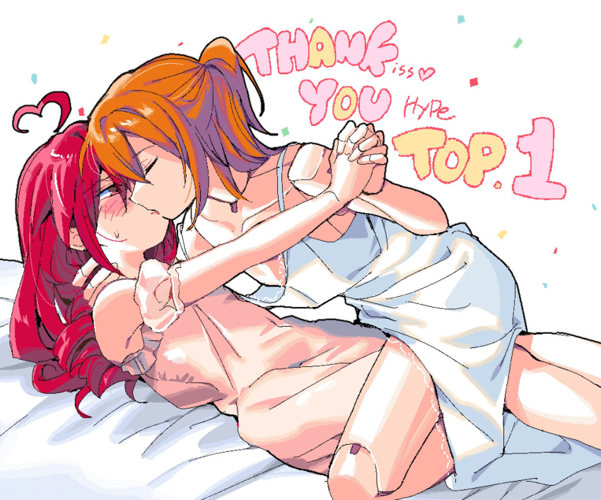 2girls a.i._voice adachi_rei ahoge blush closed_eyes commentary_request dress hand_on_another's_neck heart heart_ahoge highres holding_hands interlocked_fingers joints kasane_teto kiss korean_commentary long_hair multiple_girls one_side_up orange_hair pink_dress red_eyes red_hair robot_joints samsap straddling sweat utau white_dress yuri