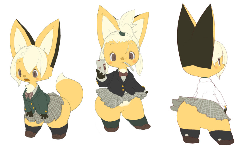 2016 anthro blonde_hair blush bottomwear canid canine chest_tuft clothing featureless_crotch female footwear fox hair hi_res koki looking_at_viewer mammal open_mouth rear_view school_uniform shoes short_hair simple_background skirt smile solo standing thick_thighs tuft uniform white_background yellow_body