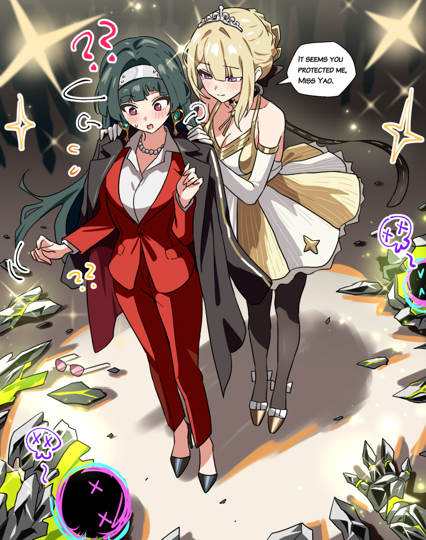 2girls ? ?? astra_yao bare_shoulders black_coat black_hair black_pantyhose black_shoes blonde_hair blush breasts cleavage closed_mouth coat coat_on_shoulders collarbone commentary dress earrings elbow_gloves english_commentary english_text ethereal_(zenless_zone_zero) evelyn_chevalier flying_sweatdrops gloves gold_dress hairband highres jacket jewelry kiyokezo long_hair medium_breasts multiple_girls necklace open_mouth pants pantyhose pearl_necklace purple_eyes red_eyes red_jacket red_pants shirt shoes smile sparkle speech_bubble standing tiara two-tone_dress white_dress white_gloves white_hairband white_shirt zenless_zone_zero