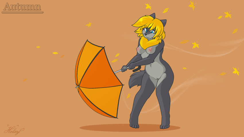 16:9 anthro autumn blonde_eyebrows blonde_hair blue_eyes breasts canid canine canis countershade_face countershade_torso countershading digital_media_(artwork) english_text eyebrows female full-length_portrait fur genitals grey_body grey_countershading grey_fur hair helsy hi_res holding_object holding_umbrella humanoid_genitalia humanoid_pussy lafille mammal navel nipples nude pink_nipples pink_pussy plantigrade portrait pussy shaded signature solo standing text umbrella wallpaper widescreen wind wolf
