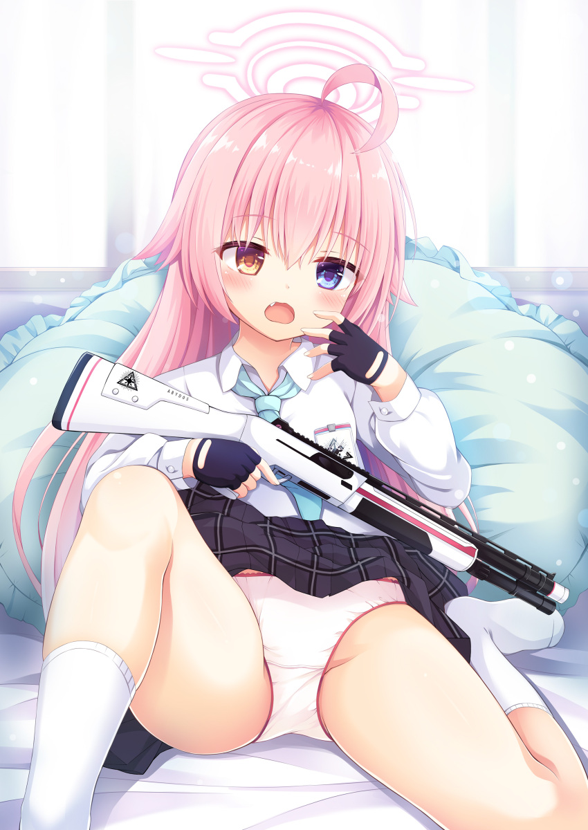 1girl absurdres ahoge bangs black_gloves black_skirt blue_archive blue_eyes brown_eyes collared_shirt commentary_request eyebrows_visible_through_hair fang feet_out_of_frame fingerless_gloves frilled_pillow frills gloves gun hair_between_eyes halo heterochromia highres holding holding_gun holding_weapon hoshino_(blue_archive) long_hair long_sleeves looking_at_viewer no_shoes open_mouth panties pillow pink_hair plaid plaid_skirt sakuraba_hikaru_(loveindog) shirt skirt socks solo underwear very_long_hair weapon weapon_request white_legwear white_panties white_shirt window